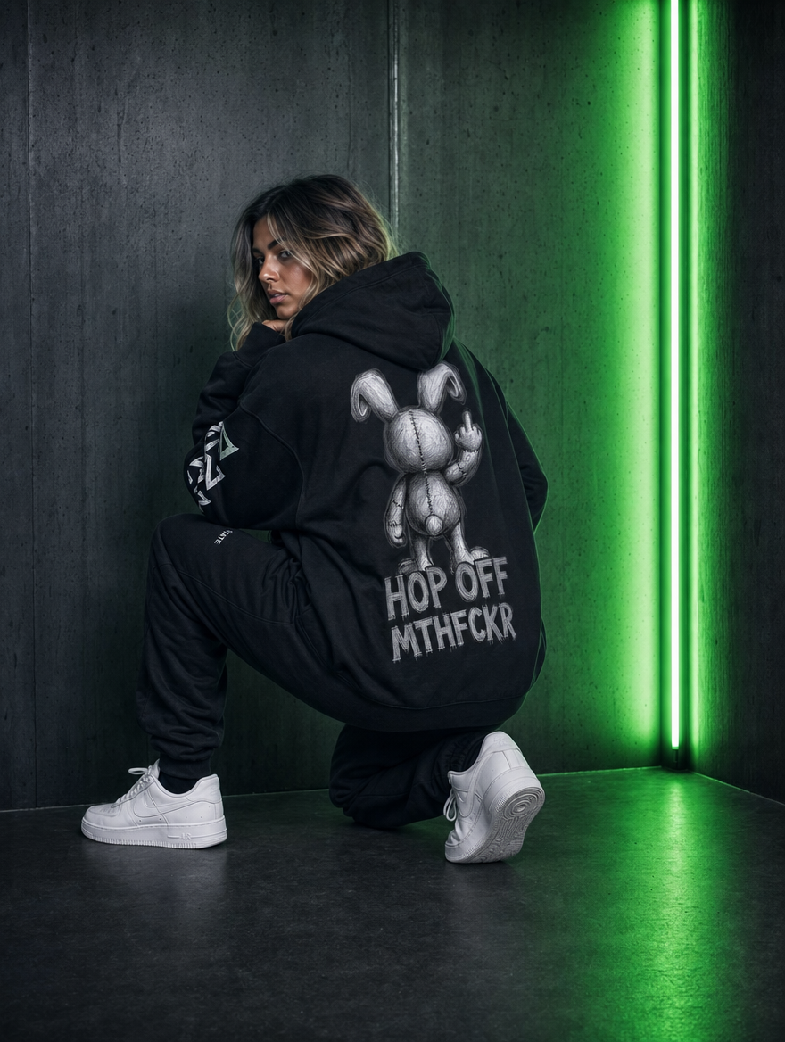 Matching original shop model photograph showing the large Fluffy print on the back of the same hoodie.
