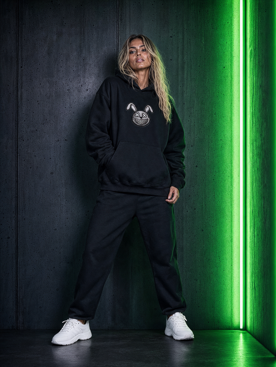Original shop model photograph: the Fluffy Premium Hoodie number 2 worn in front of a dark wall with green light, front view.