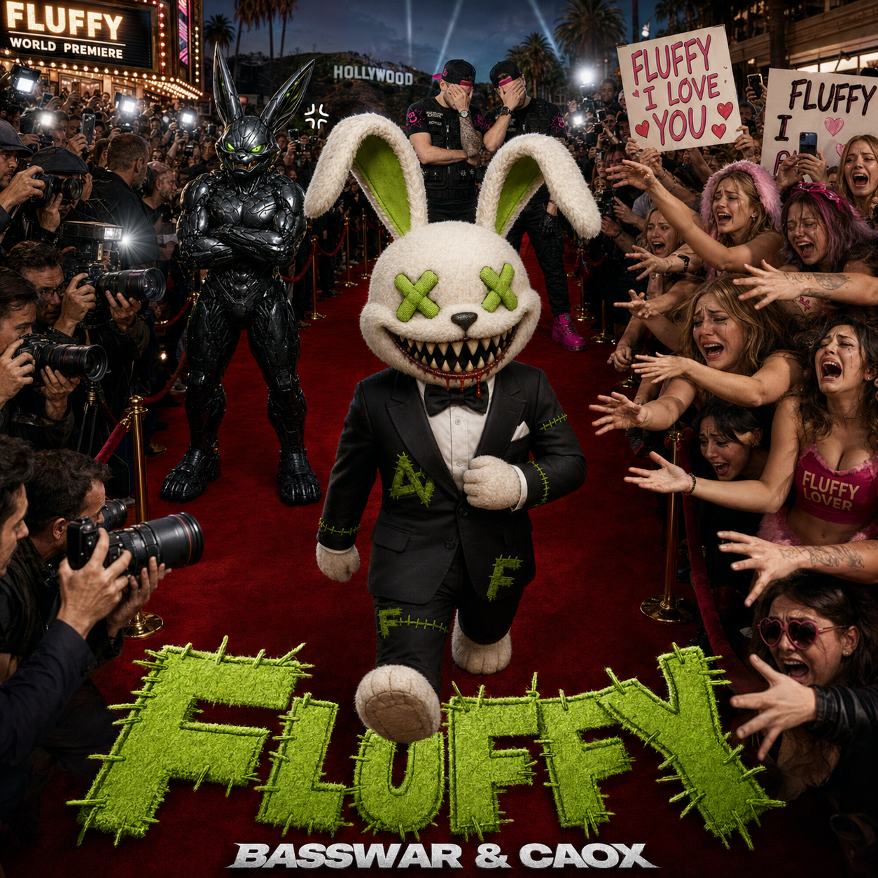 Original Fluffy music-video cover: Fluffy on the red carpet at his World Premiere, surrounded by fans, with BassWar and CaoX.