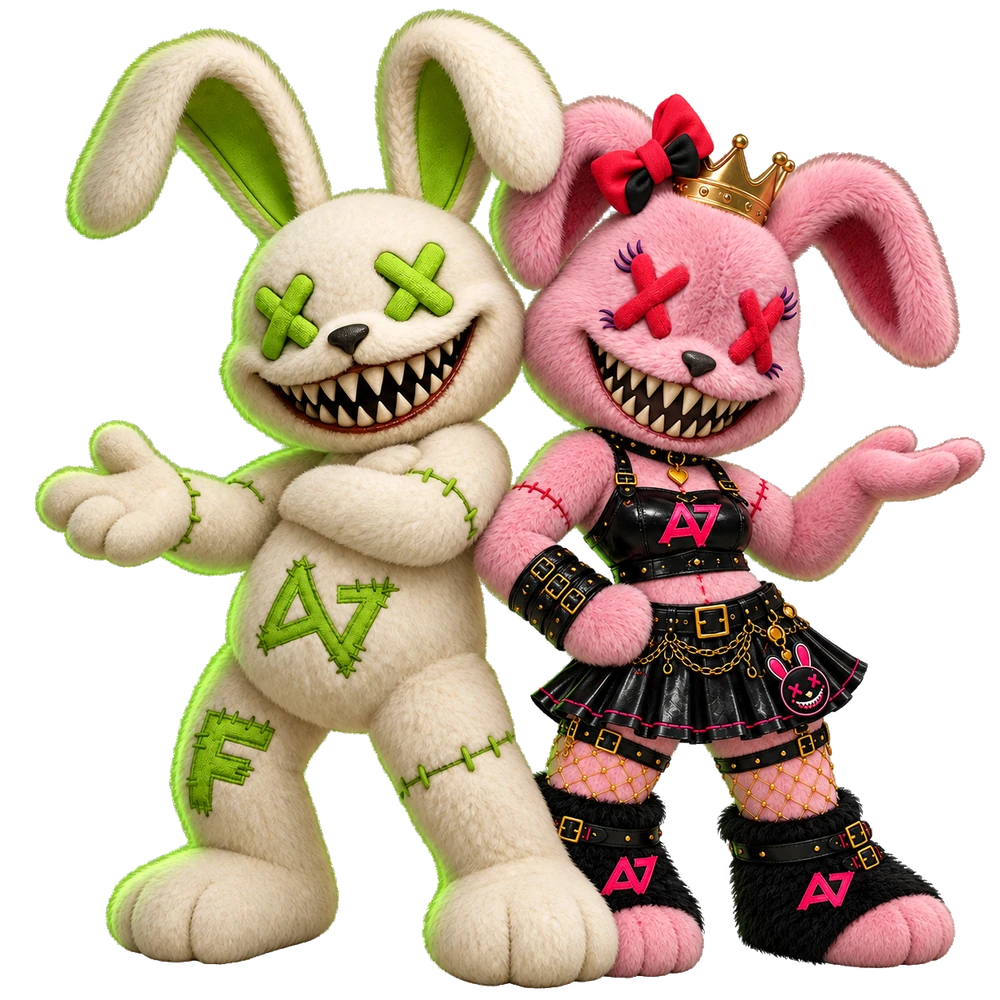 Fluffy and Vixxy in her glossy black outfit with neon pink accents, posing together and presenting their worlds.