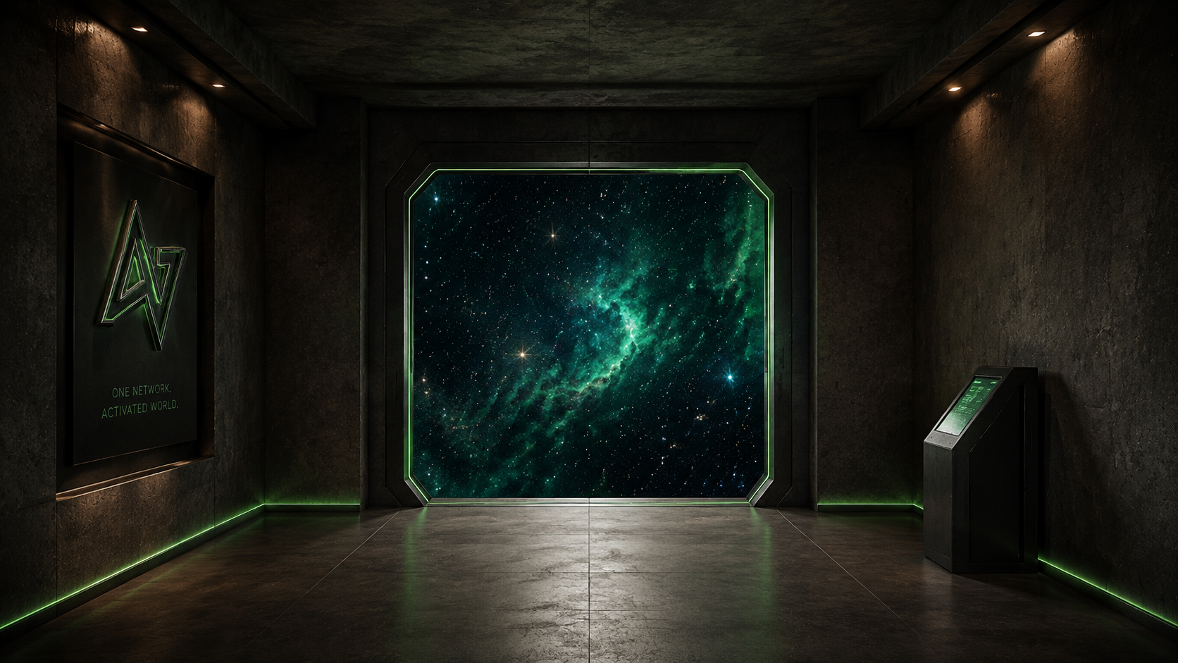 The original ACTIVATED underground portal room: a luminous green gateway filled with stars.