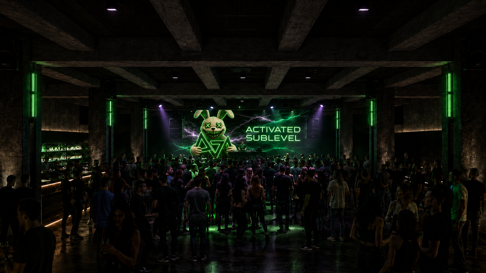 The ACTIVATED SUBLEVEL club with Fluffy on the stage screen.
