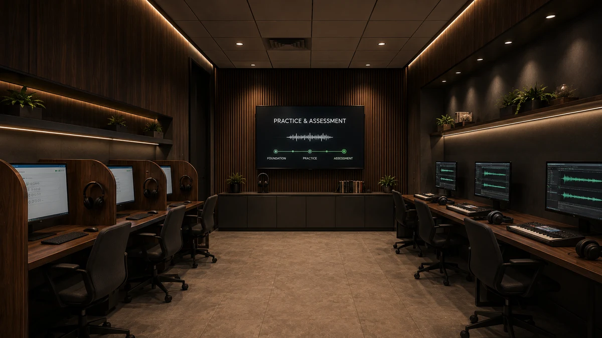 Architectural concept: the ACTIVATED Academy practice room with listening stations, keyboards and audio workstations