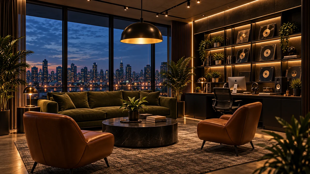 Architectural concept: the IGNITED Records listening lounge, with vinyl shelves, warm gold lighting and a city view