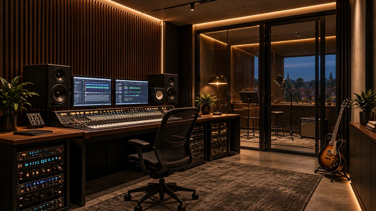 Architectural concept: inside the ACTIVATED Records production studio, with mixing desk, studio monitors and glass recording booth