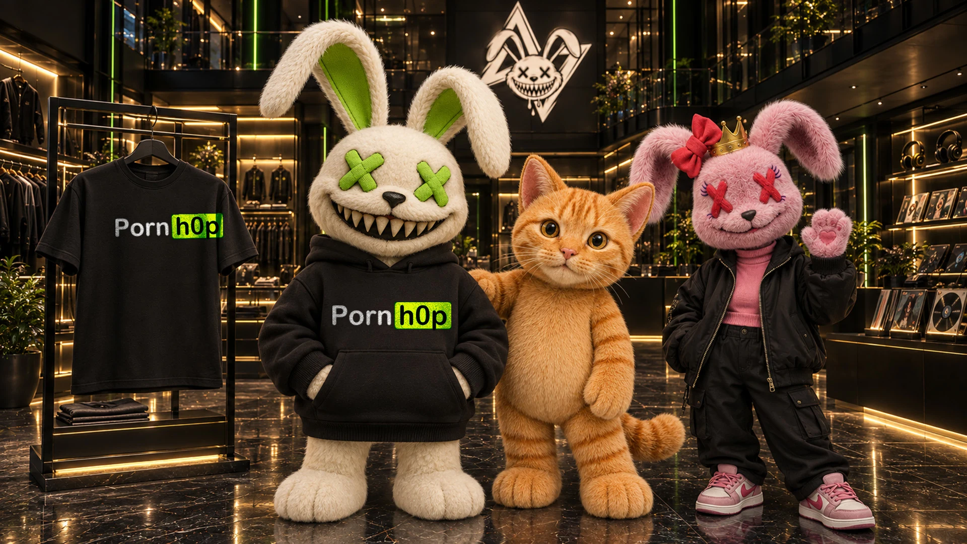 ACTIVATED Store: Fluffy, Barry and Vixxy in the store, Fluffy in the Pornh0p hoodie, the matching t-shirt on the rack